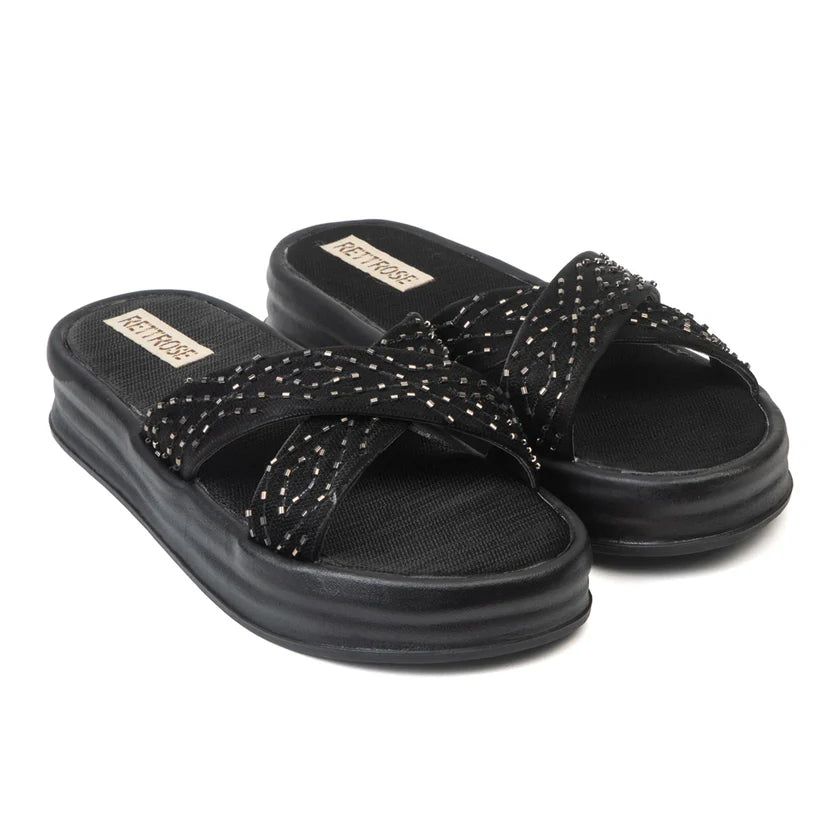 The Shiloh Black Luxury Cross Over Embellished Slides