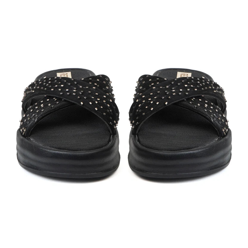 The Shiloh Black Luxury Cross Over Embellished Slides