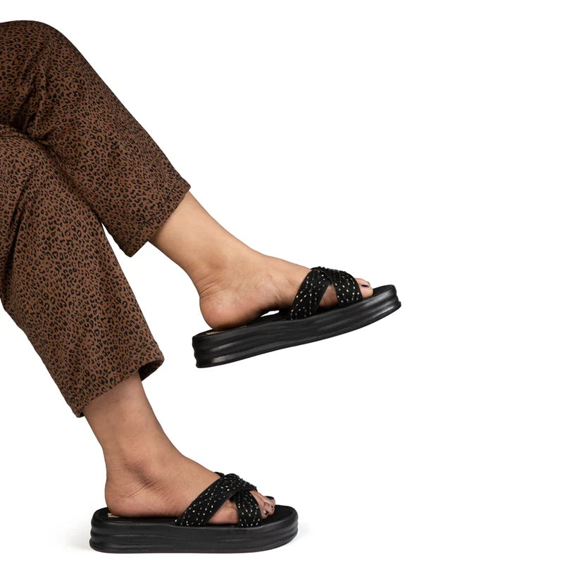 The Shiloh Black Luxury Cross Over Embellished Slides