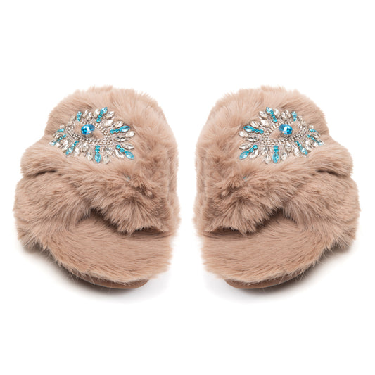 Hannah Mink Luxury Plush Diamanté Embellished Handmade Slipper