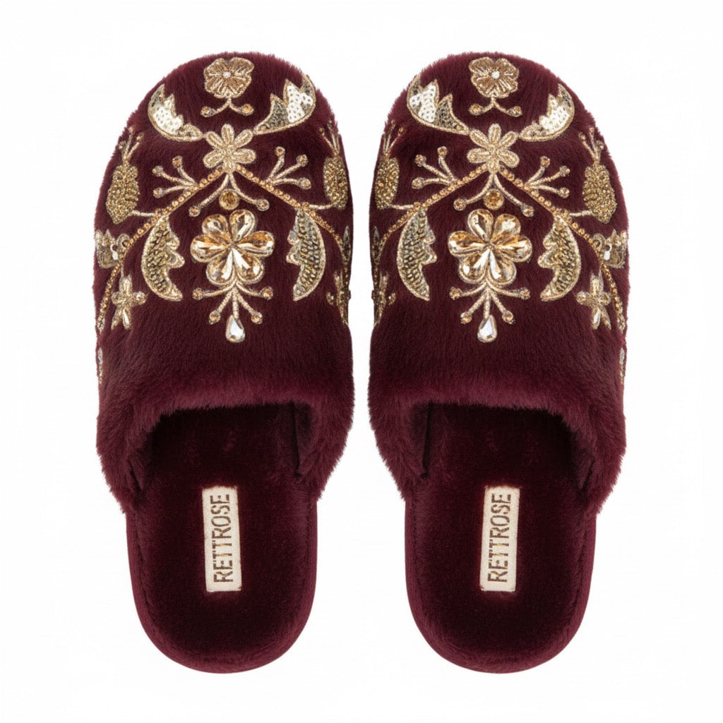 The Annie Wine Luxury Handmade Women’s Slippers – Faux Fur Front-Covered, Comfortable,  Diamanté Embellished