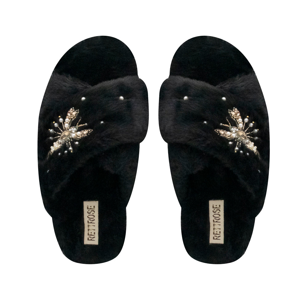 The Anastasia Black Luxury Plush Diamanté Embellished Handmade Slipper | RETTROSE |