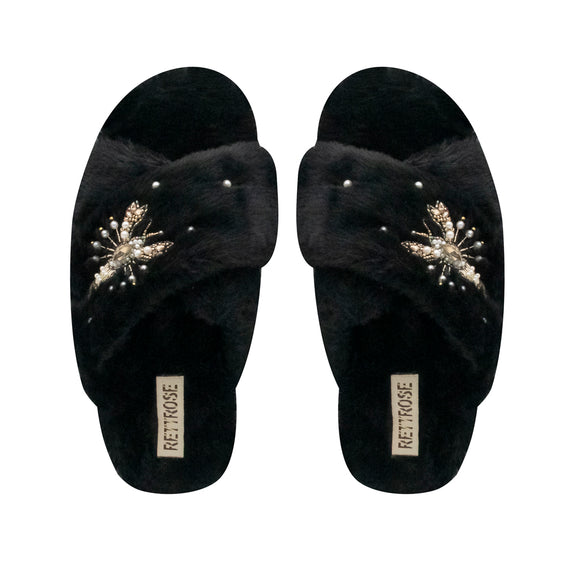 The Anastasia Black Luxury Plush Diamanté Embellished Handmade Slipper | RETTROSE |