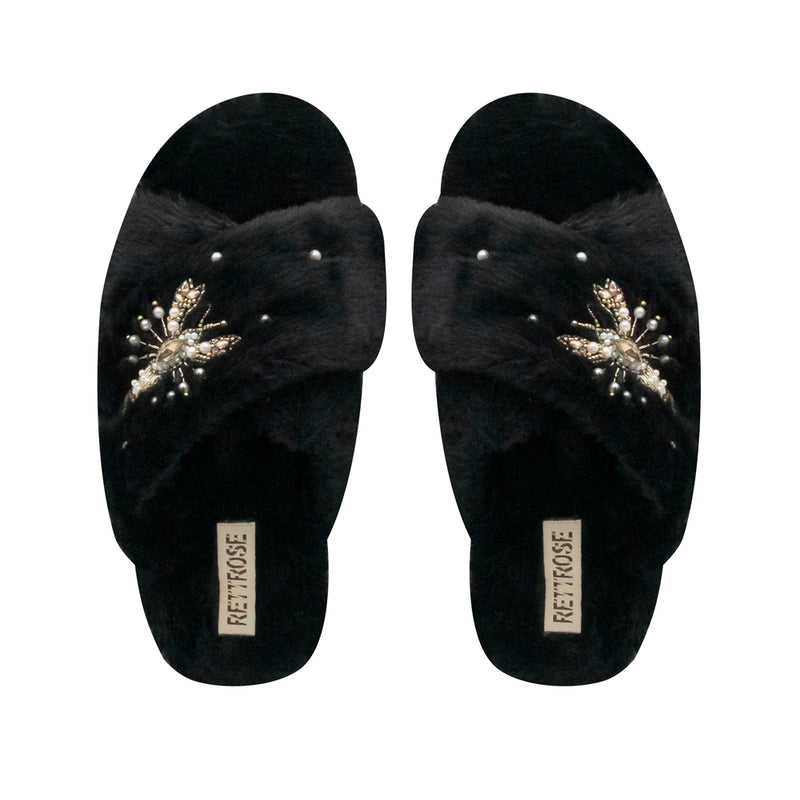 The Anastasia Black Luxury Plush Diamanté Embellished Handmade Slipper | RETTROSE |
