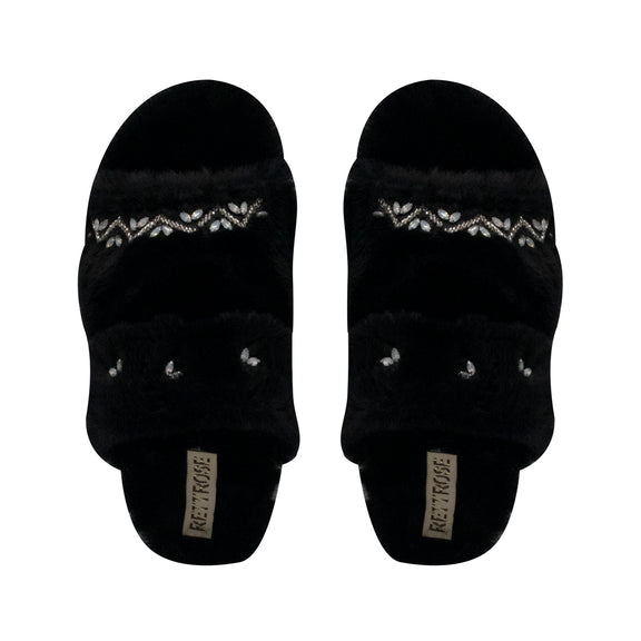 The Myla Black Luxury Plush Diamanté Embellished Handmade Slipper | RETTROSE |