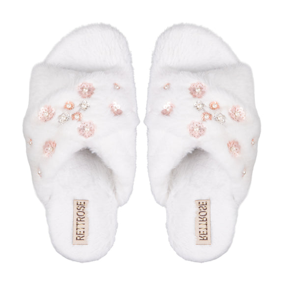 Kinsley Cream Luxury Faux Fur Comfortable Diamanté Embellished Women’s Handmade Slippers