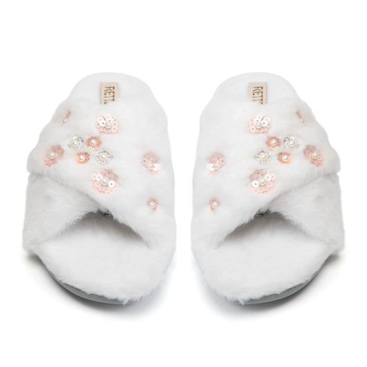 Kinsley Cream Luxury Faux Fur Comfortable Diamanté Embellished Women’s Handmade Slippers
