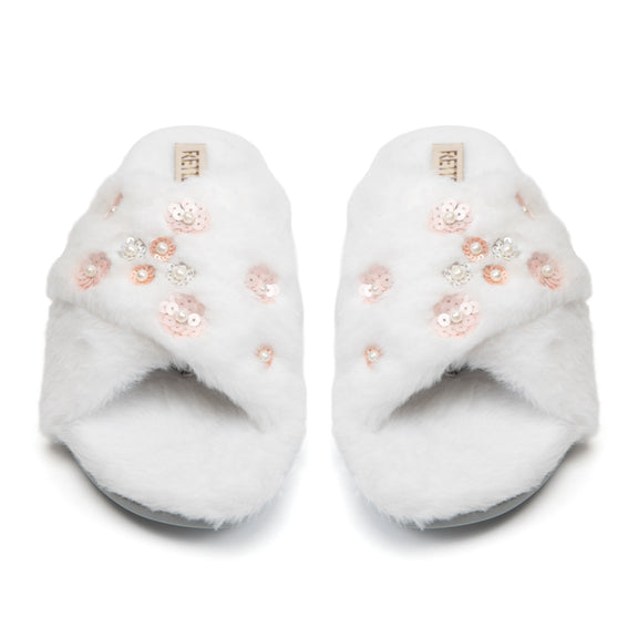 Kinsley Cream Luxury Faux Fur Comfortable Diamanté Embellished Women’s Handmade Slippers