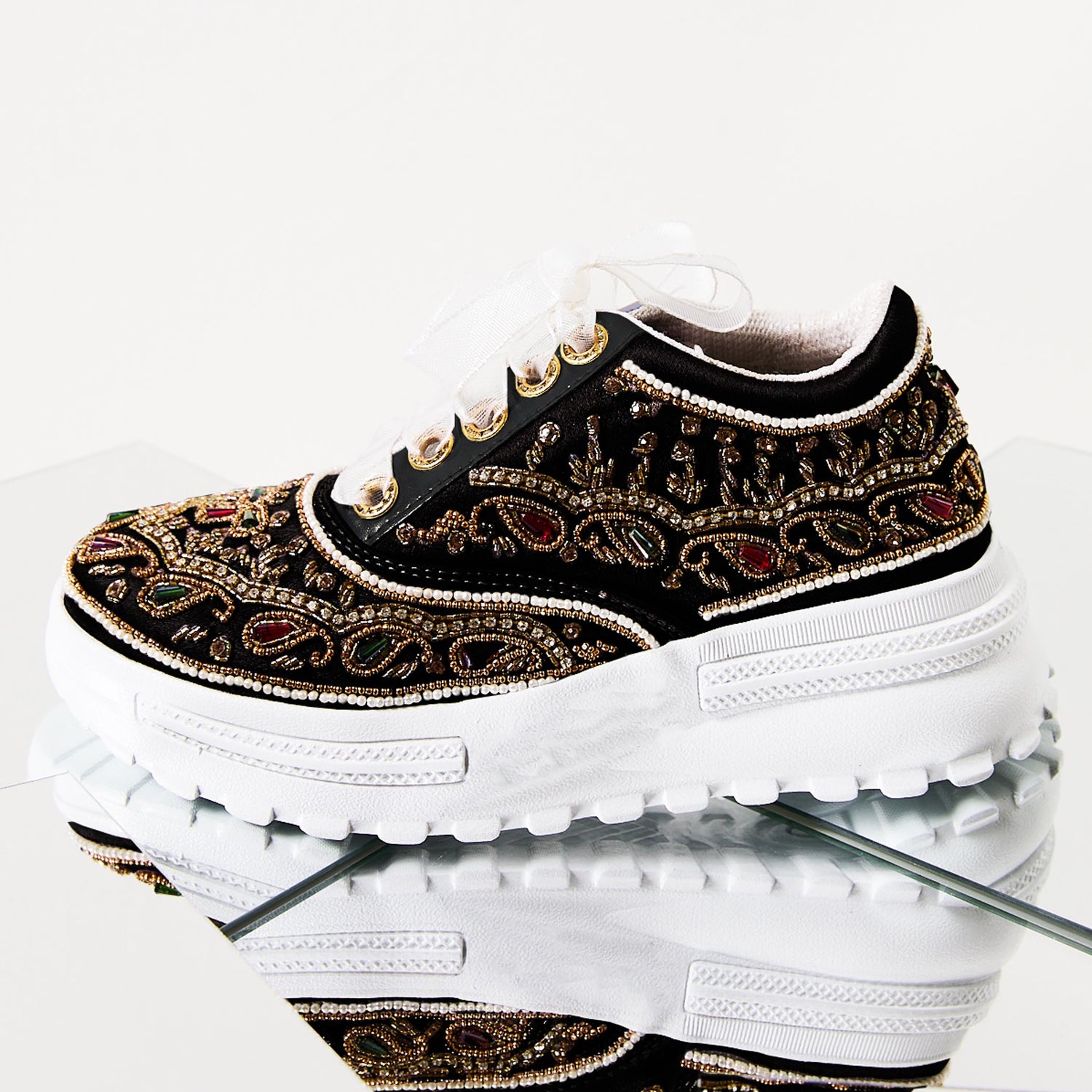 The Isabella Luxury Black Satin Hand Embellished Sneaker | RETTROSE |