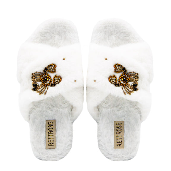 The Sophie Cream Luxury Plush Diamanté Embellished Handmade Slipper