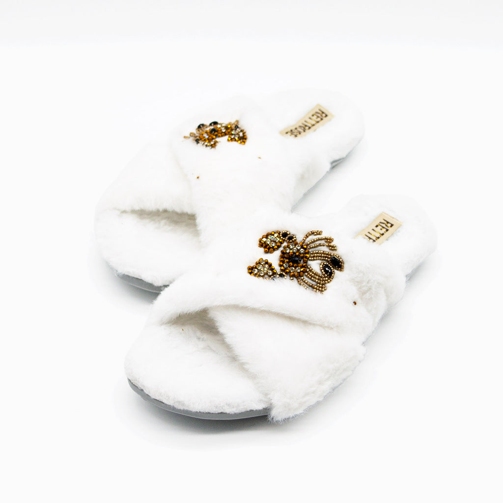 The Sophie Cream Luxury Plush Diamanté Embellished Handmade Slipper