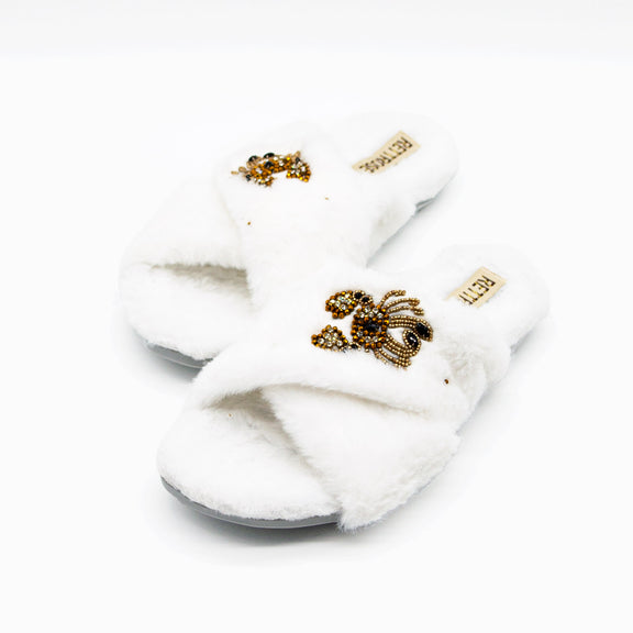 The Sophie Cream Luxury Plush Diamanté Embellished Handmade Slipper