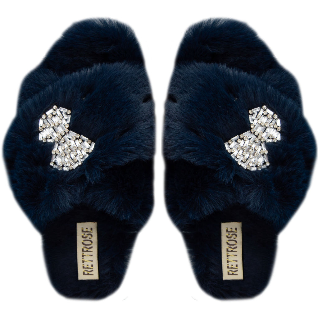 The Fefe Navy Luxury Plush Diamanté Embellished Handmade Slipper | RETTROSE |