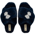 The Fefe Navy Luxury Plush Diamanté Embellished Handmade Slipper | RETTROSE |