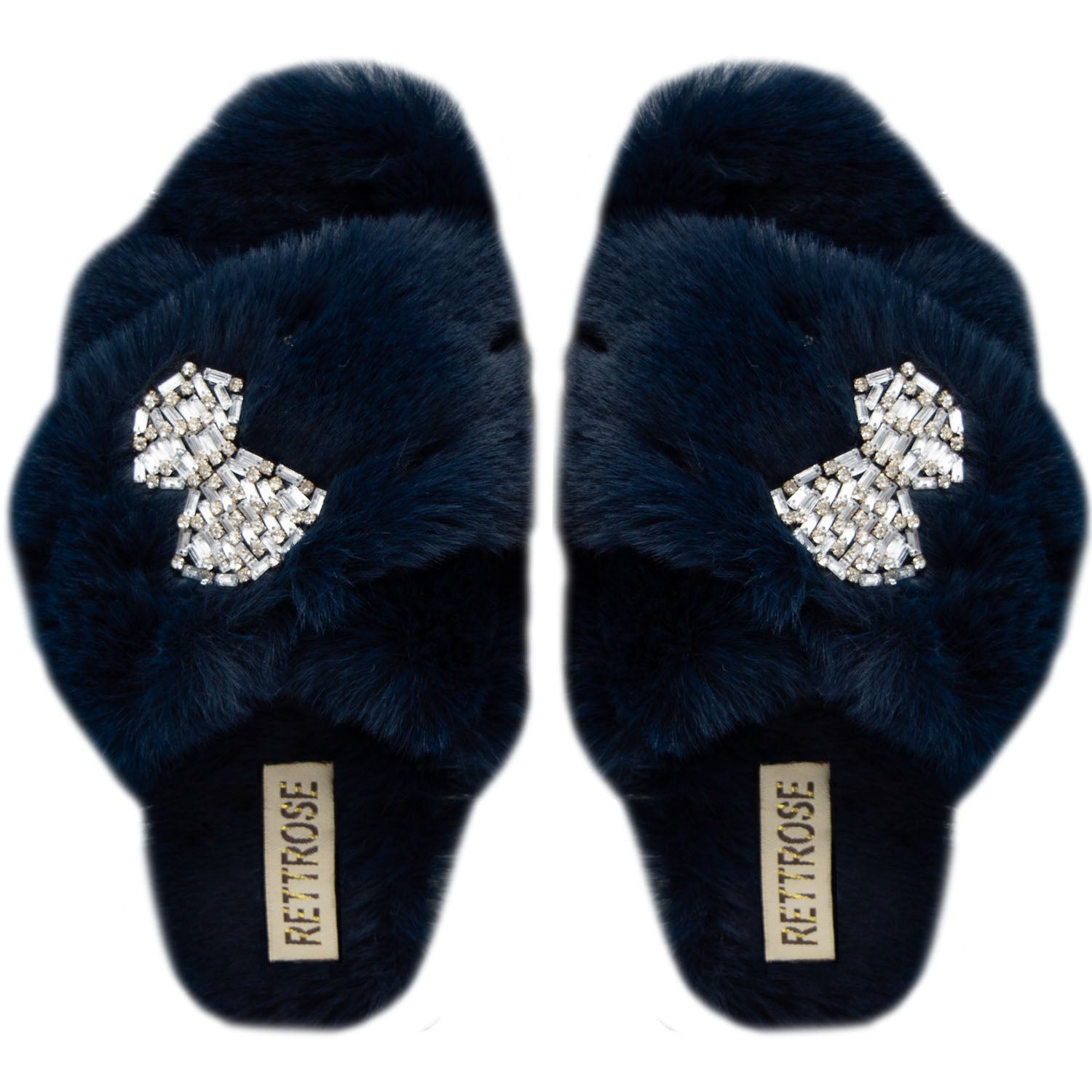 The Fefe Navy Luxury Plush Diamanté Embellished Handmade Slipper | RETTROSE |