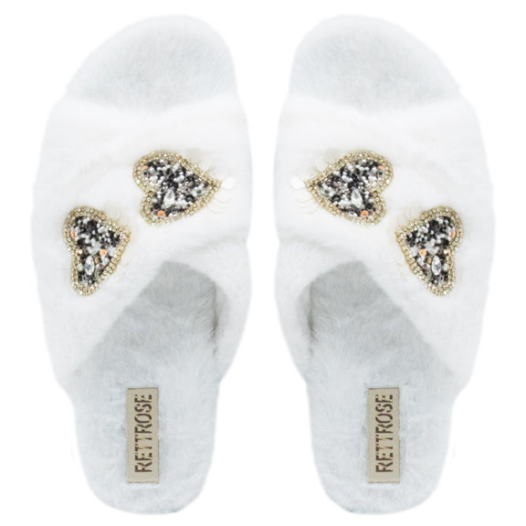 The Katie Cream Luxury Plush Diamanté Heart Embellished Handmade Slipper | RETTROSE |