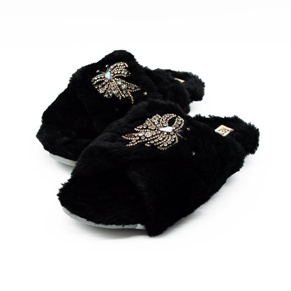 The Katherine Black Luxury Plush Diamanté Embellished Handmade Slipper