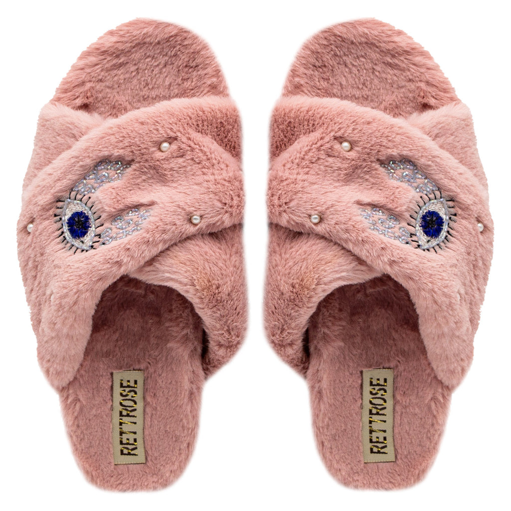 The Amaya Nude Luxury Plush Diamanté Embellished Handmade Slipper | RETTROSE |