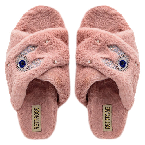 The Amaya Nude Luxury Plush Diamanté Embellished Handmade Slipper | RETTROSE |
