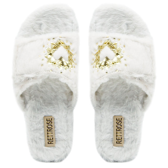 The Margot Cream Luxury Plush Diamanté Embellished Handmade Slipper | RETTROSE |