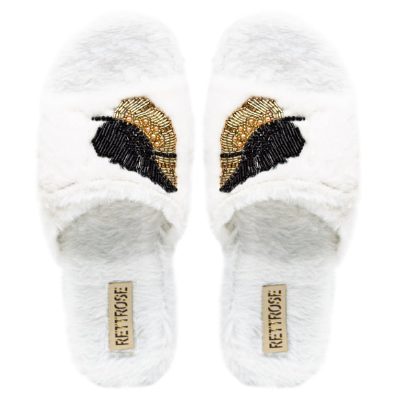 The Wren Cream Luxury Plush Diamanté Embellished Handmade Slipper | RETTROSE |