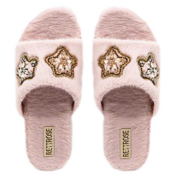 The Bailey Pink Luxury Plush Diamanté Embellished Handmade Slipper | RETTROSE |