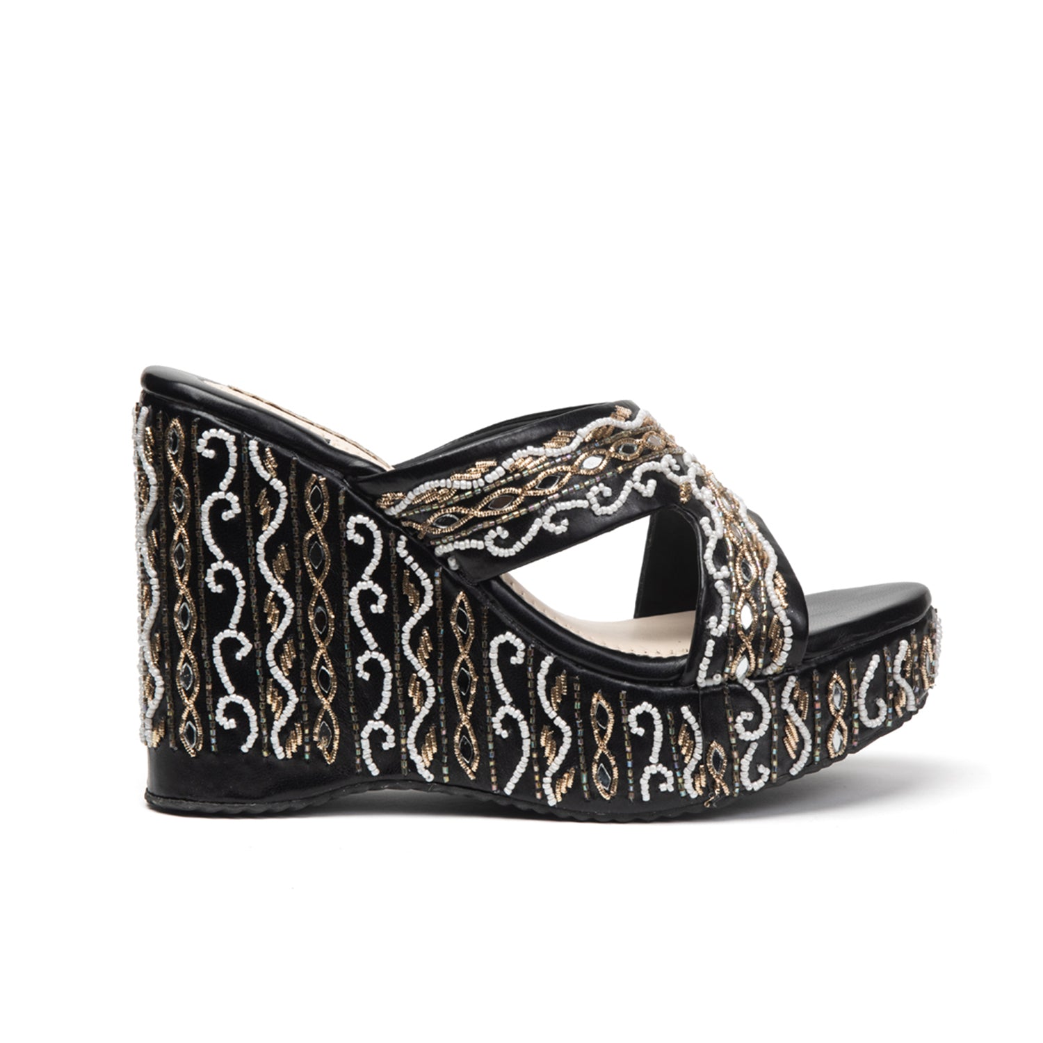 Ruth Black Luxury Handmade Women’s Wedge Heels –  Beaded, Comfortable, 8.5cm Synthetic Wedge by RETTROSE