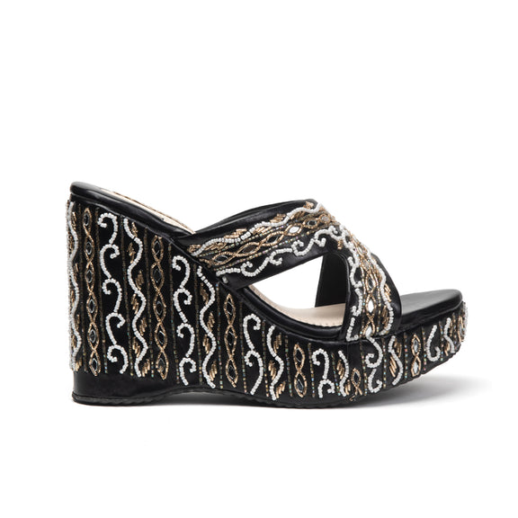 Ruth Black Luxury Handmade Women’s Wedge Heels –  Beaded, Comfortable, 8.5cm Synthetic Wedge by RETTROSE