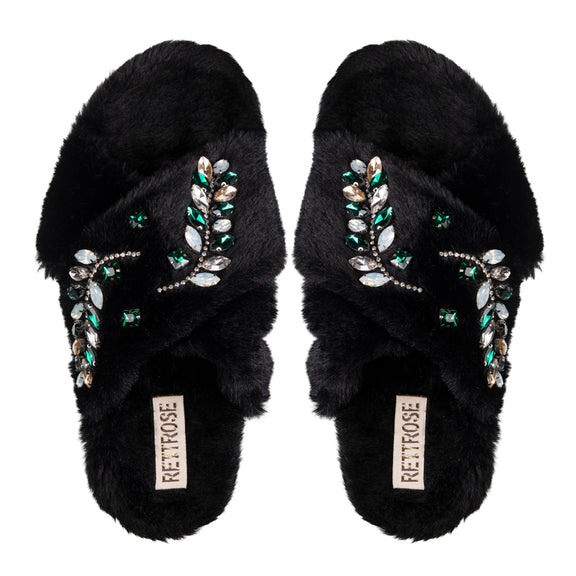 Thea Black Luxury Faux Fur Comfortable Diamanté Embellished Women’s Handmade Slippers