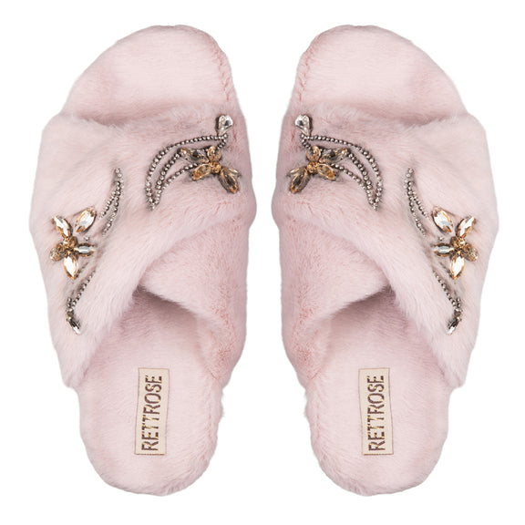 Zoey Dusky Pink Luxury Plush Diamanté Embellished Handmade Slipper